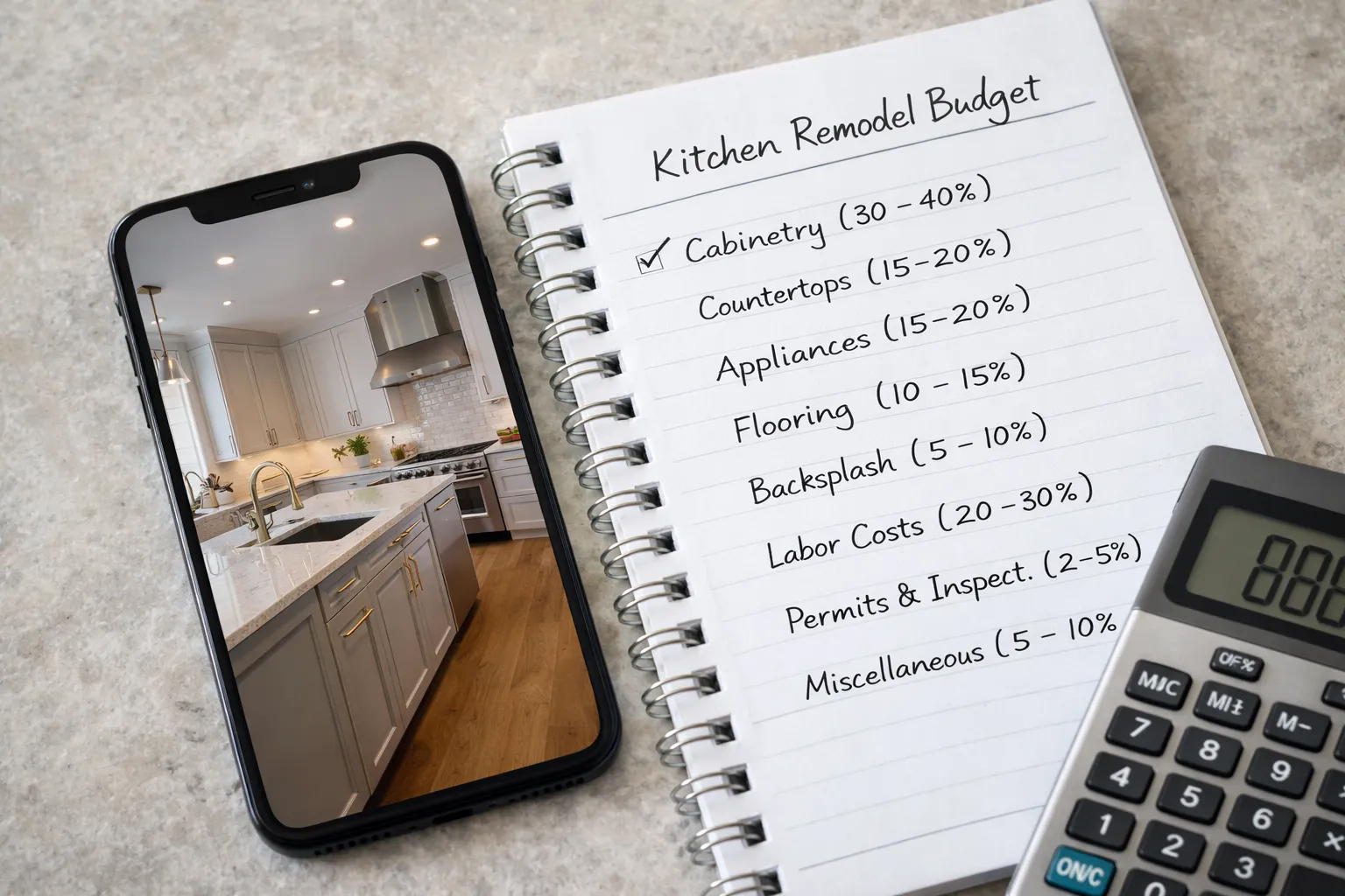 High-resolution photo of a smartphone displaying a luxury kitchen remodel with white cabinetry and a marble island, placed on a light stone countertop next to a handwritten kitchen remodel budget breakdown notebook and a calculator, illustrating kitchen renovation planning and cost estimation for 2026.